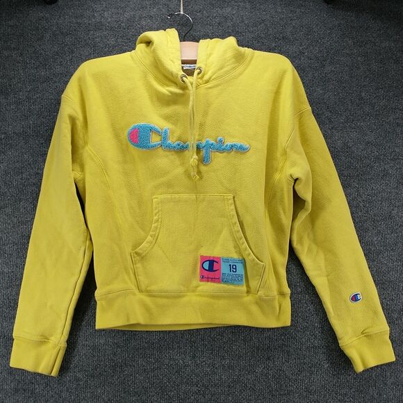 Champion Reverse Weave Mens Hoodie XS Yellow Big Embroidered Logo - Picture 2 of 14